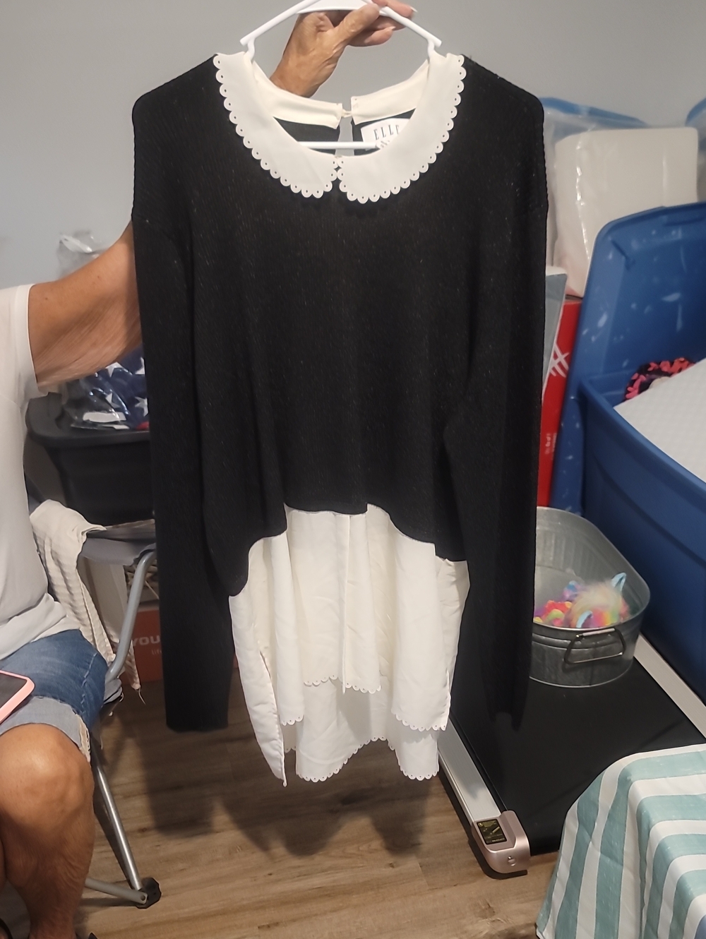 Elle Black Top with White Scalloped Collar and Hem